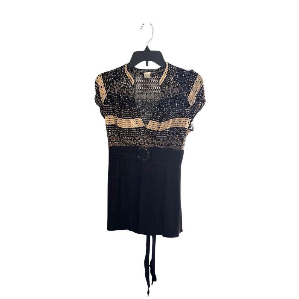 Cocomo Women's Petite Black Knit Blouse M Short Sleeve Tie-Back Detail